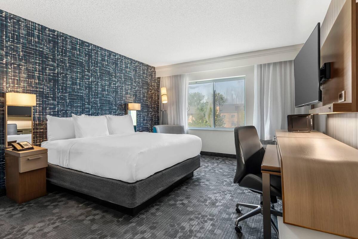 A hotel room with a large bed, a desk, a TV, a lamp, and a view of the outside.