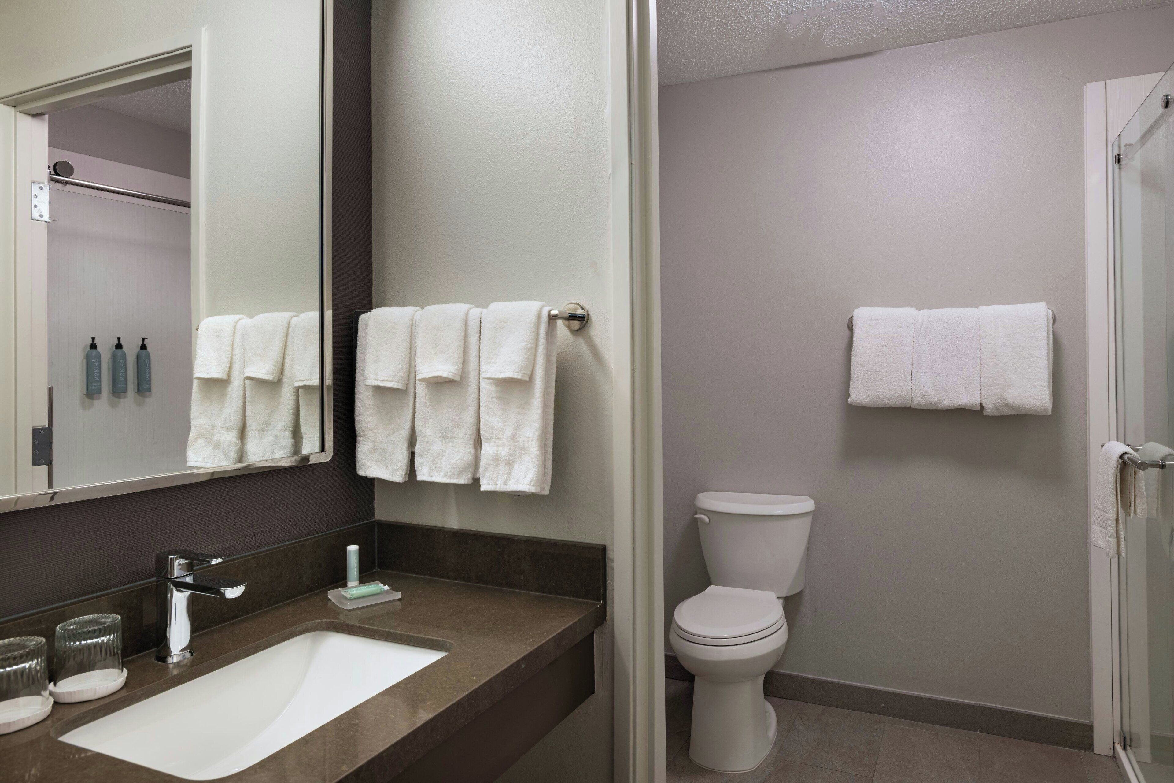 combined shower/bathtub, free toiletries, hair dryer, towels