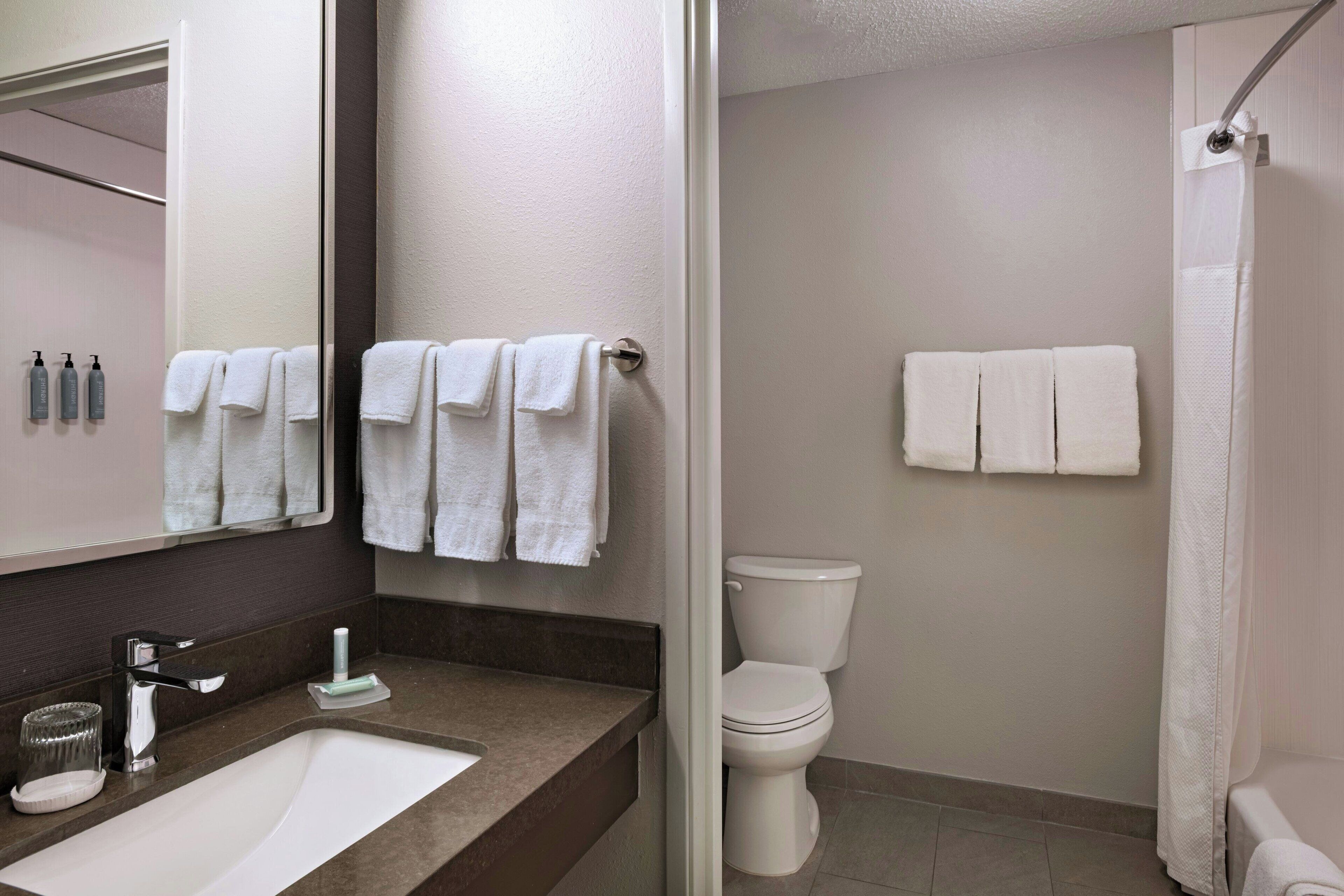 combined shower/bathtub, free toiletries, hair dryer, towels