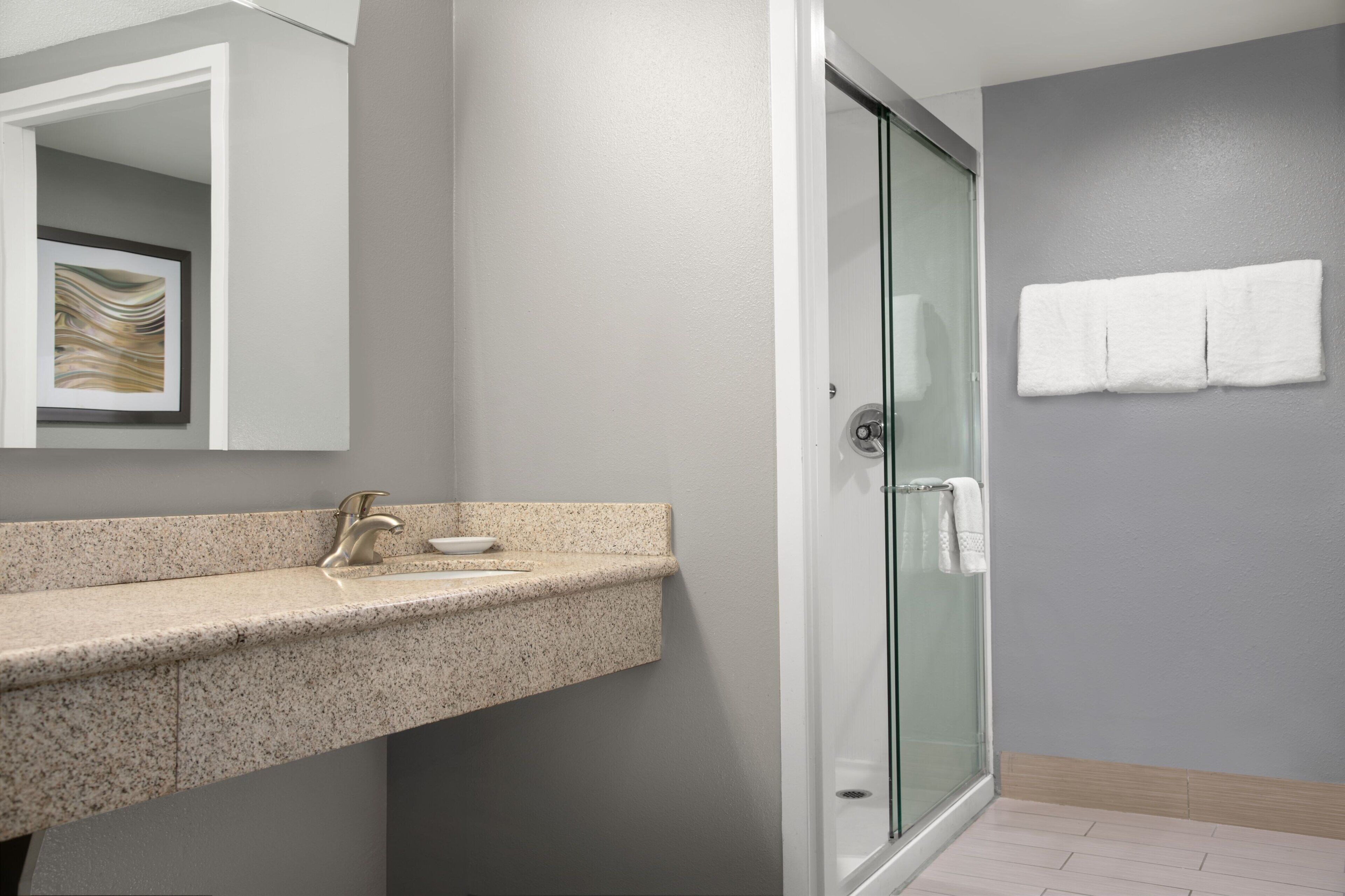 combined shower/bathtub, free toiletries, hair dryer, towels