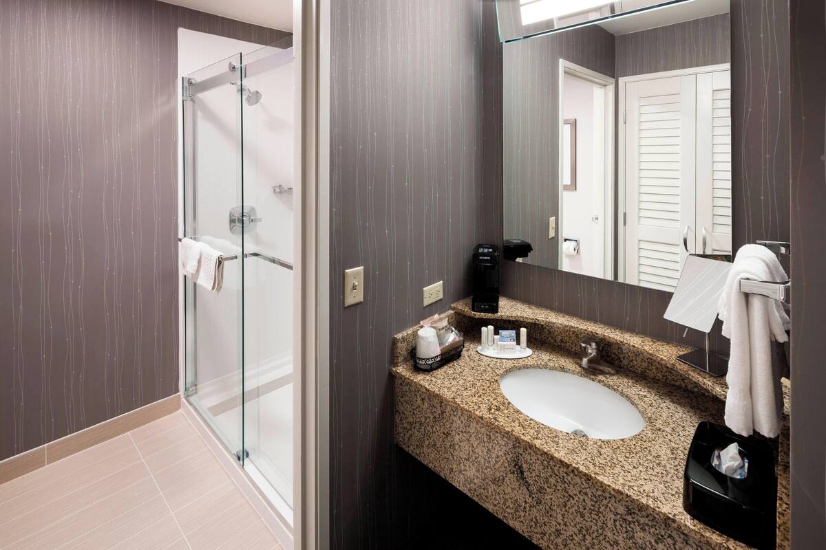 combined shower/bathtub, designer toiletries, hair dryer, towels