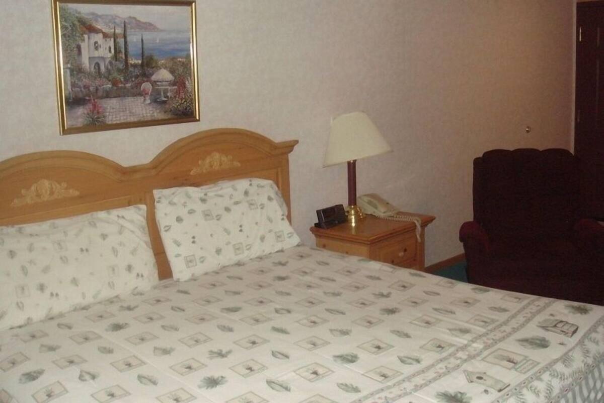 Une chambre à coucher avec un lit, une table de chevet avec une lampe, un téléphone et une chaise.