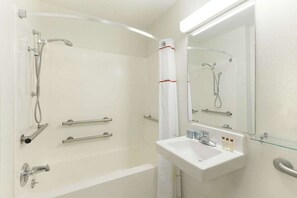 Room, 1 Queen Bed, Bathtub Grab Bars, Non Smoking | Bathroom | Combined shower/bathtub, hair dryer, towels, soap
