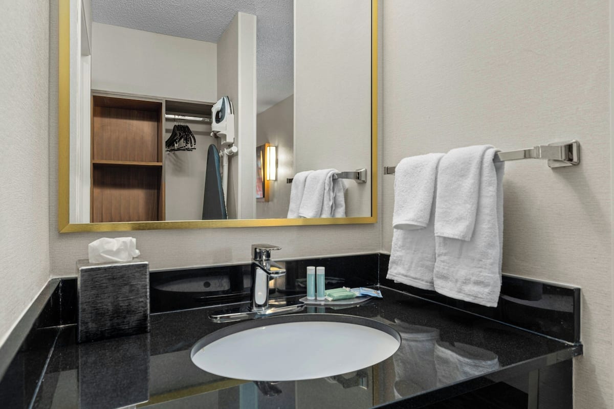 Un baño moderno con un espejo grande, una encimera negra, un lavabo y un perchero para toallas.