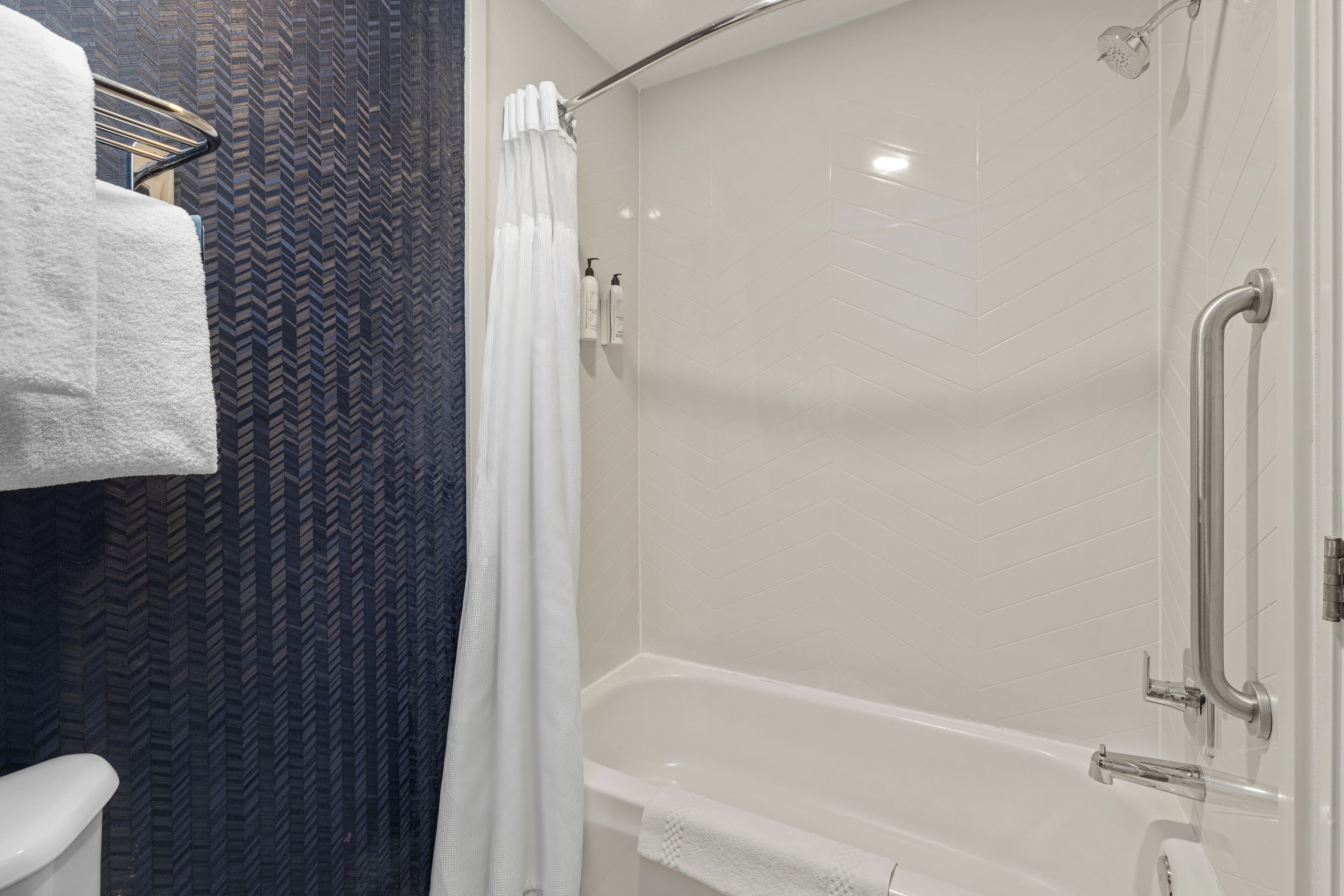 Une salle de bain moderne équipée d’une douche, d’une baignoire et de toilettes.