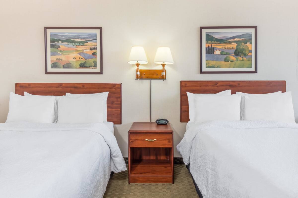A hotel room with two beds, a nightstand with a lamp, and two landscape paintings on the wall.