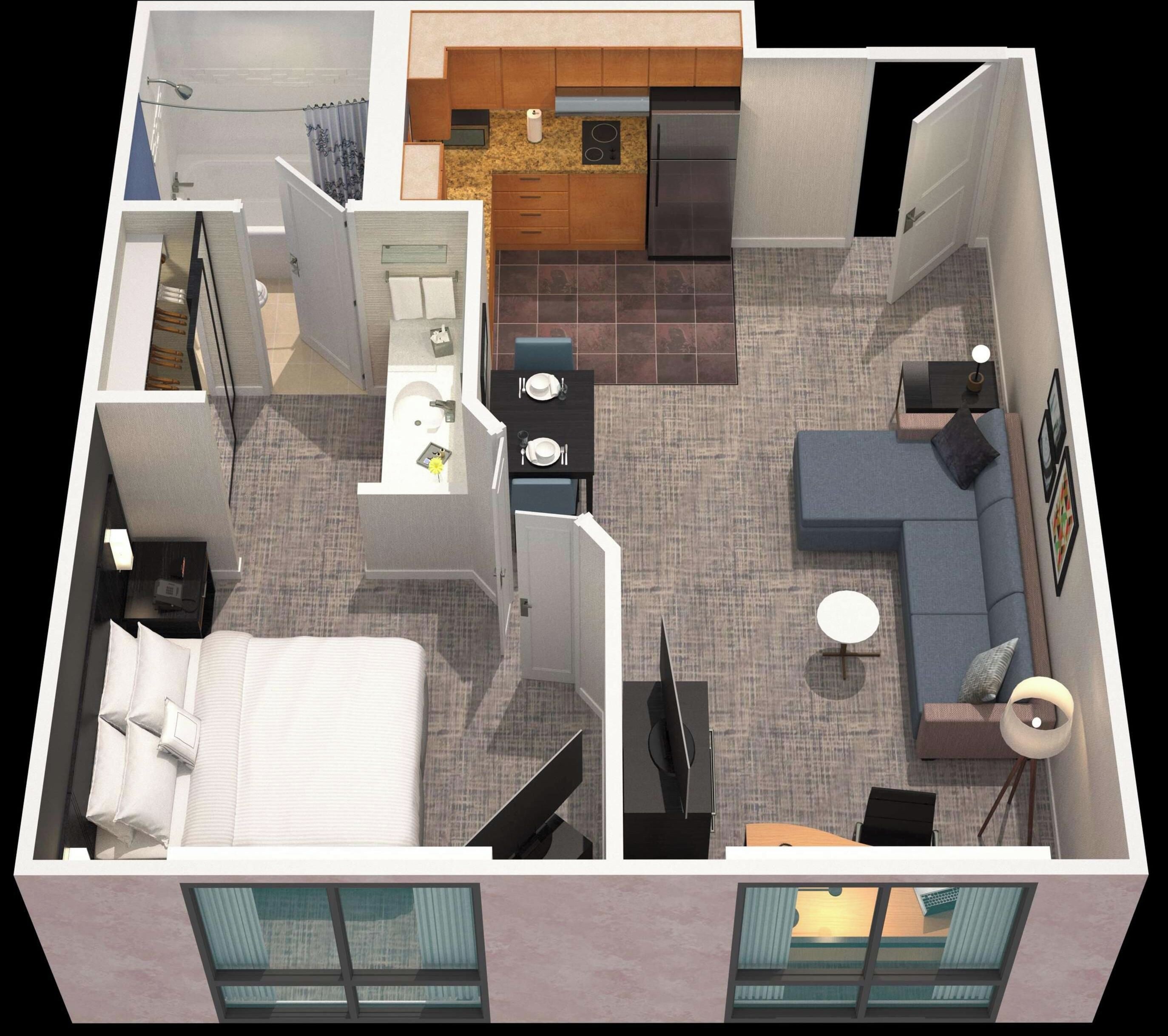 A 3D model of a modern apartment with a kitchen, dining area, living room, and a separate bedroom.