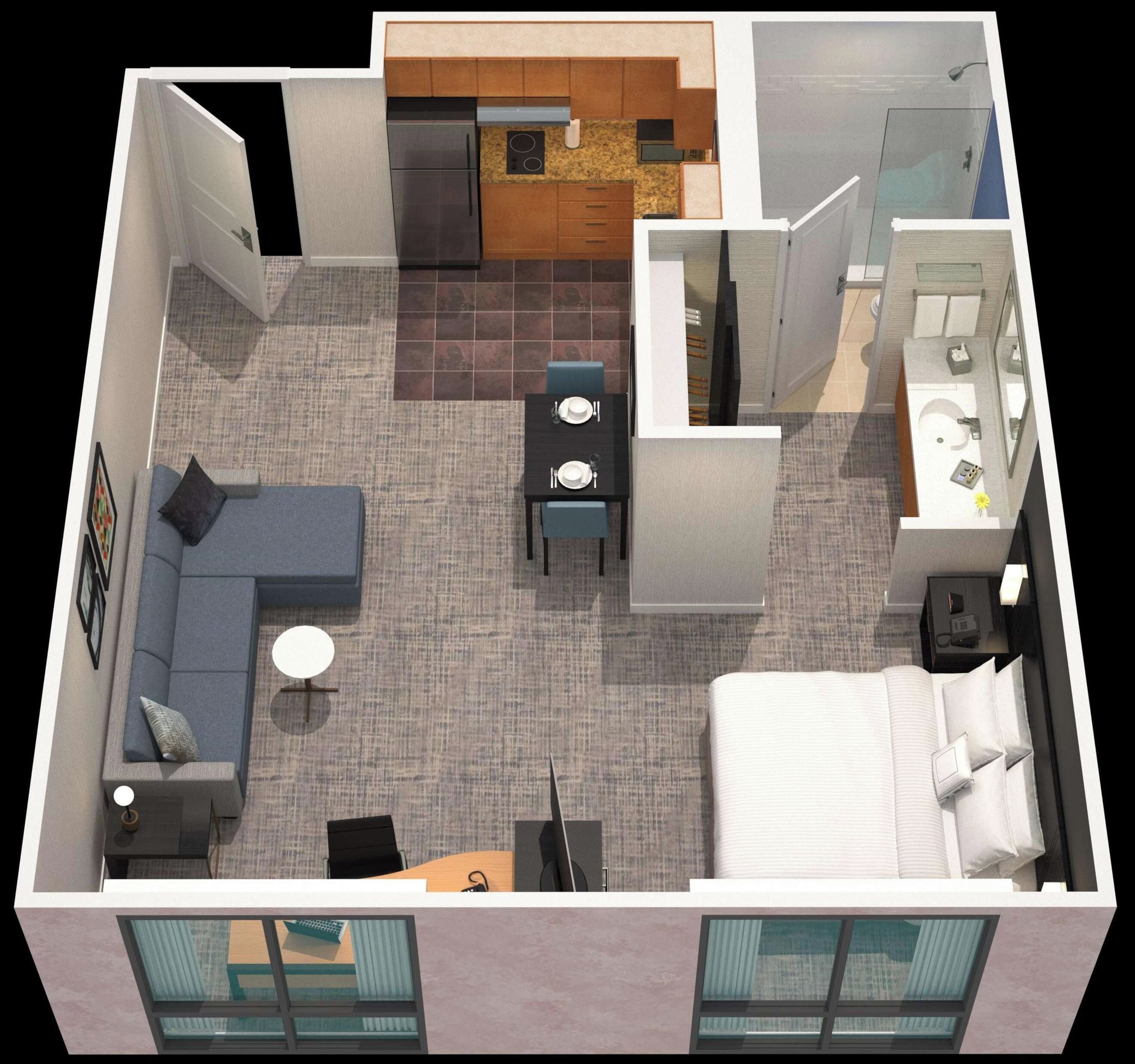 A modern hotel room layout with a living area, dining space, kitchenette, and a separate bathroom.