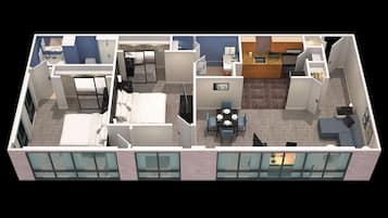Distribución moderna de una habitación de hotel con sala de estar independiente, kitchenette y zona de comedor.