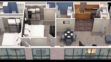 Plano de planta en 3D de un hotel que muestra un comedor, cocina y varias habitaciones.