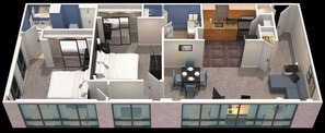 Un plan d’étage en 3D d’un hôtel comprenant un espace de restauration, une cuisine et plusieurs chambres.