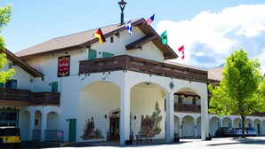 Un bâtiment doté de nombreuses arcades et orné d’une fresque représentant des personnages historiques. Des drapeaux sont déployés sur le toit, et une enseigne indique la présence d’un restaurant McDonald’s.