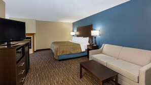 Una habitación de hotel con una cama, televisor, sofá, mesa de centro y escritorio con lámpara.