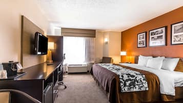 A hotel room with a bed, desk, TV, and wall-mounted artwork.