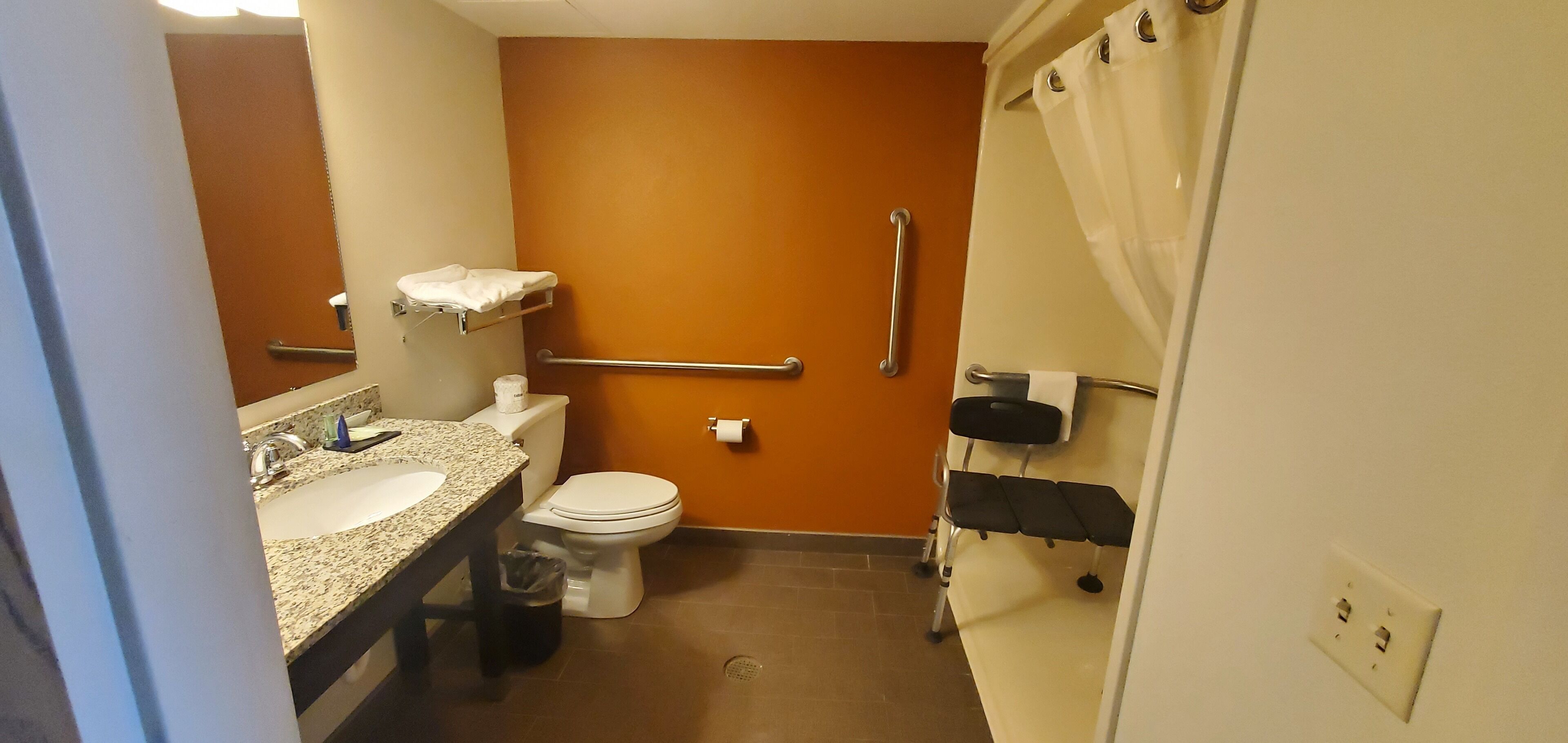A bathroom with a toilet, sink, and handrails.