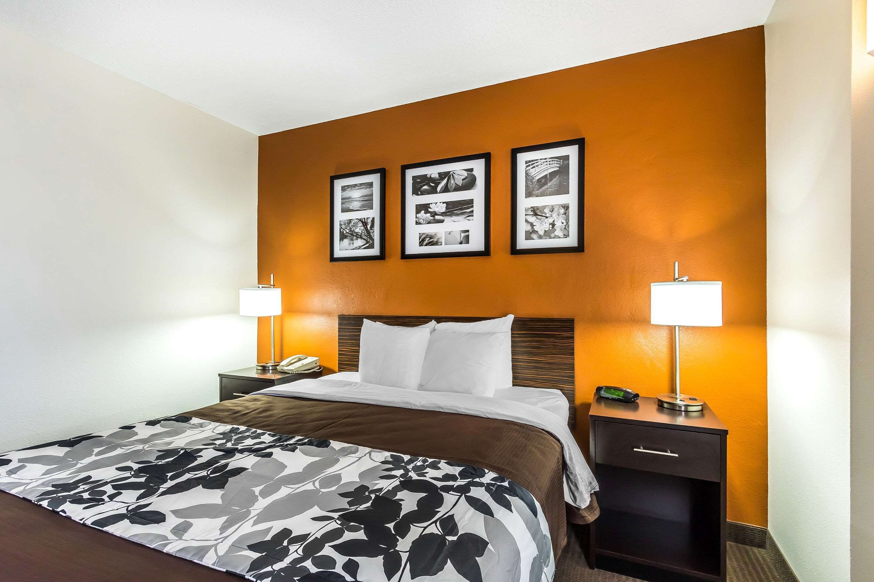 A hotel room with a large bed, two bedside tables, a nightstand, and three framed pictures on the wall.