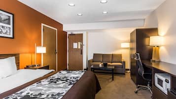 Una habitación de hotel con cama, sofá, escritorio, microondas y televisión.