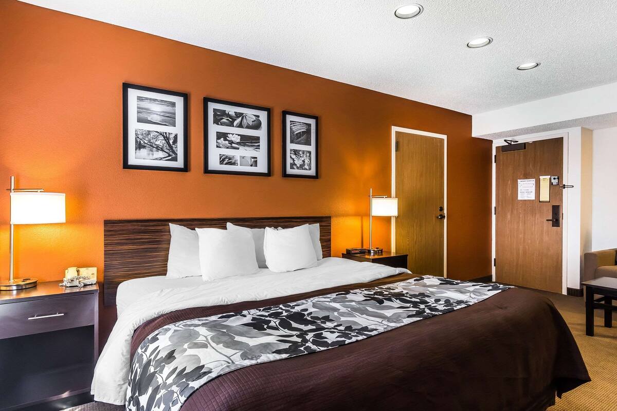 A hotel room with a bed, a nightstand, a lamp, and a door.