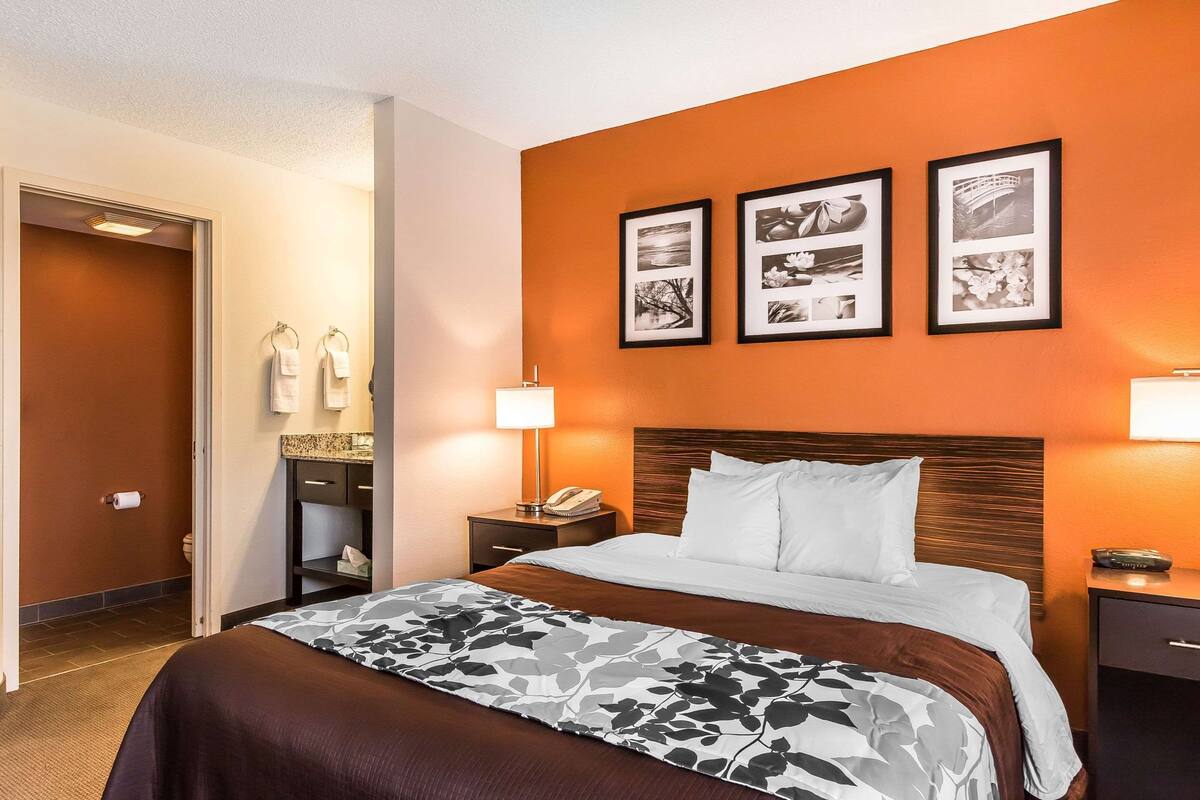 A hotel room with a bed, a nightstand, a lamp, a framed picture on the wall, and a bathroom door.