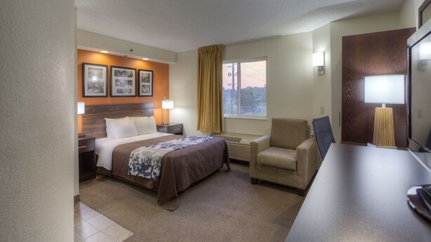 Quarto de hotel com uma cama, escrivaninha, cadeira, televisão e janela com cortinas.