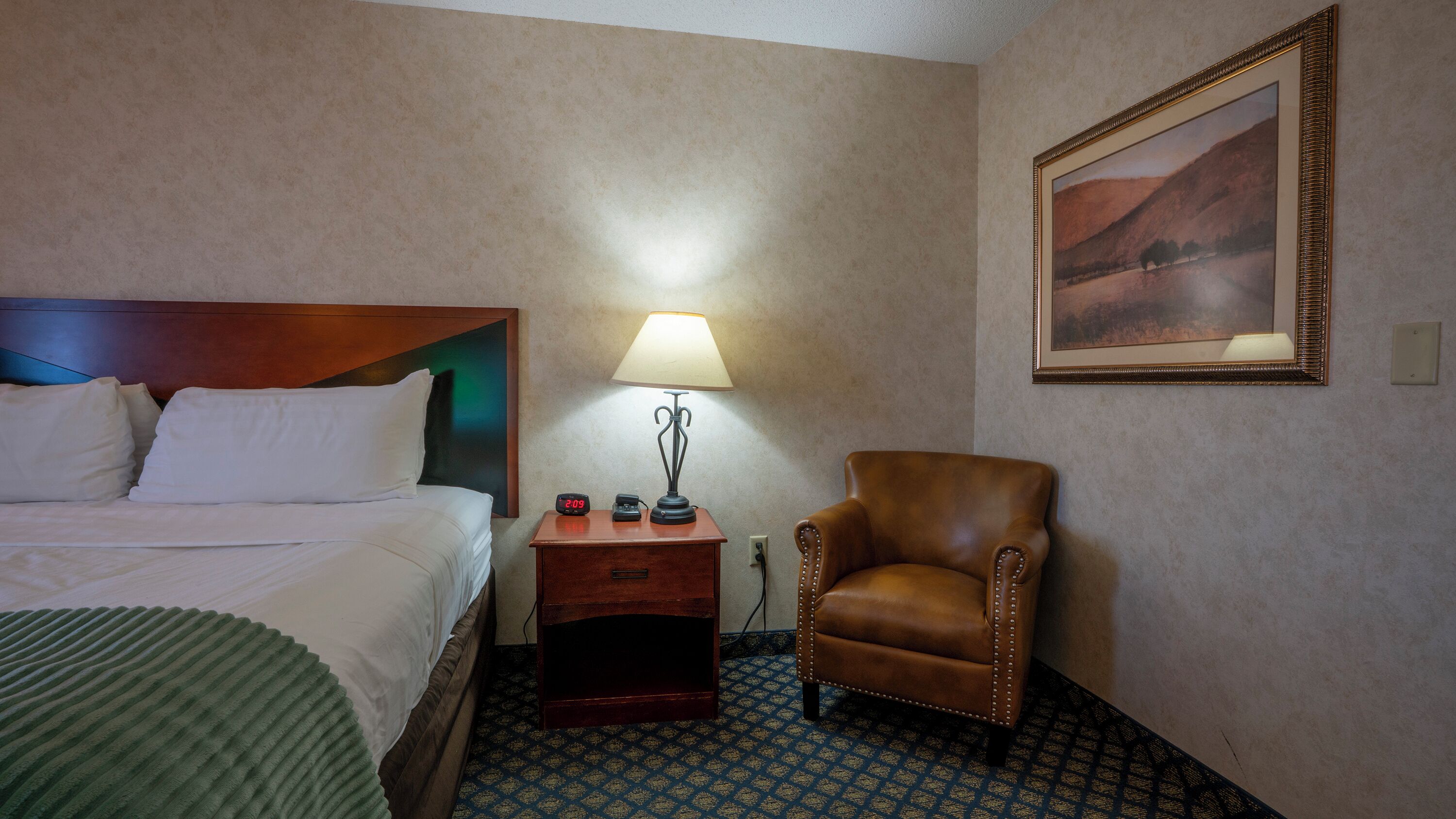Habitación de hotel con cama, mesita de noche con lámpara, una silla y un cuadro en la pared.