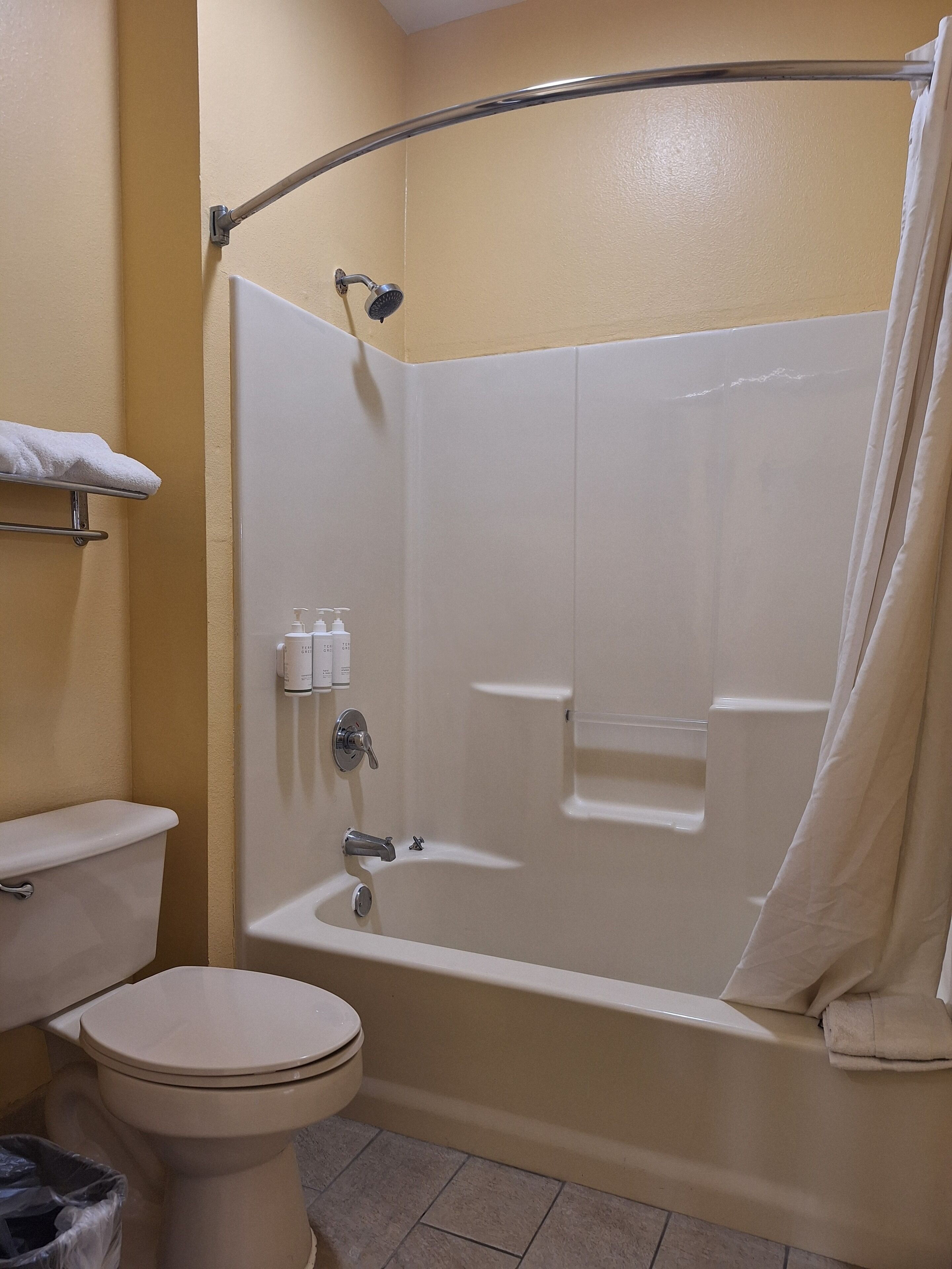 A bathroom with a white toilet, a bathtub, and a shower curtain.