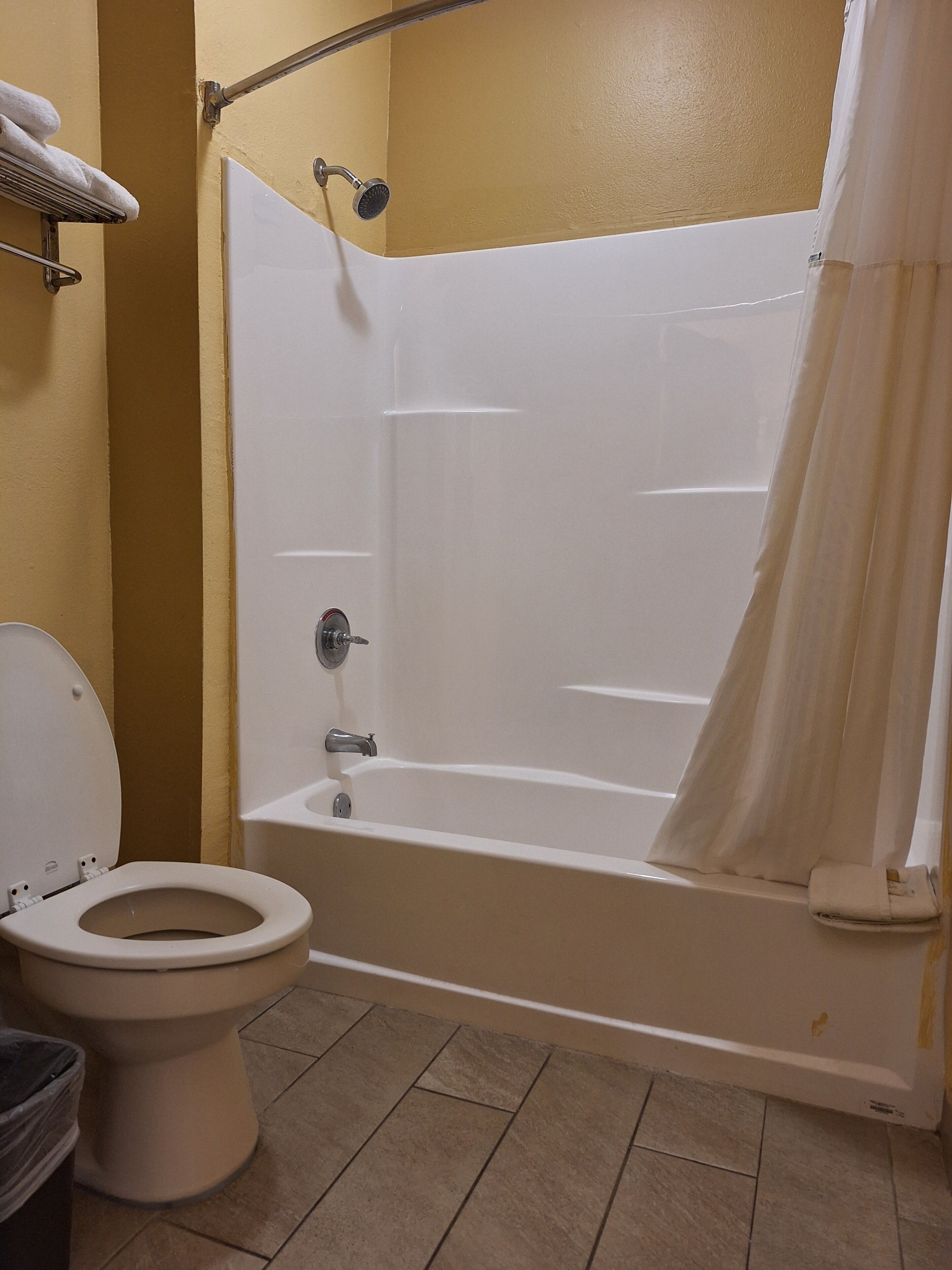 A bathroom with a bathtub, toilet, and shower curtain.