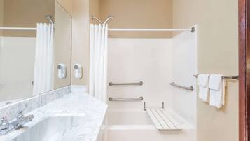 Combined shower/tub, deep soaking tub, free toiletries, hair dryer