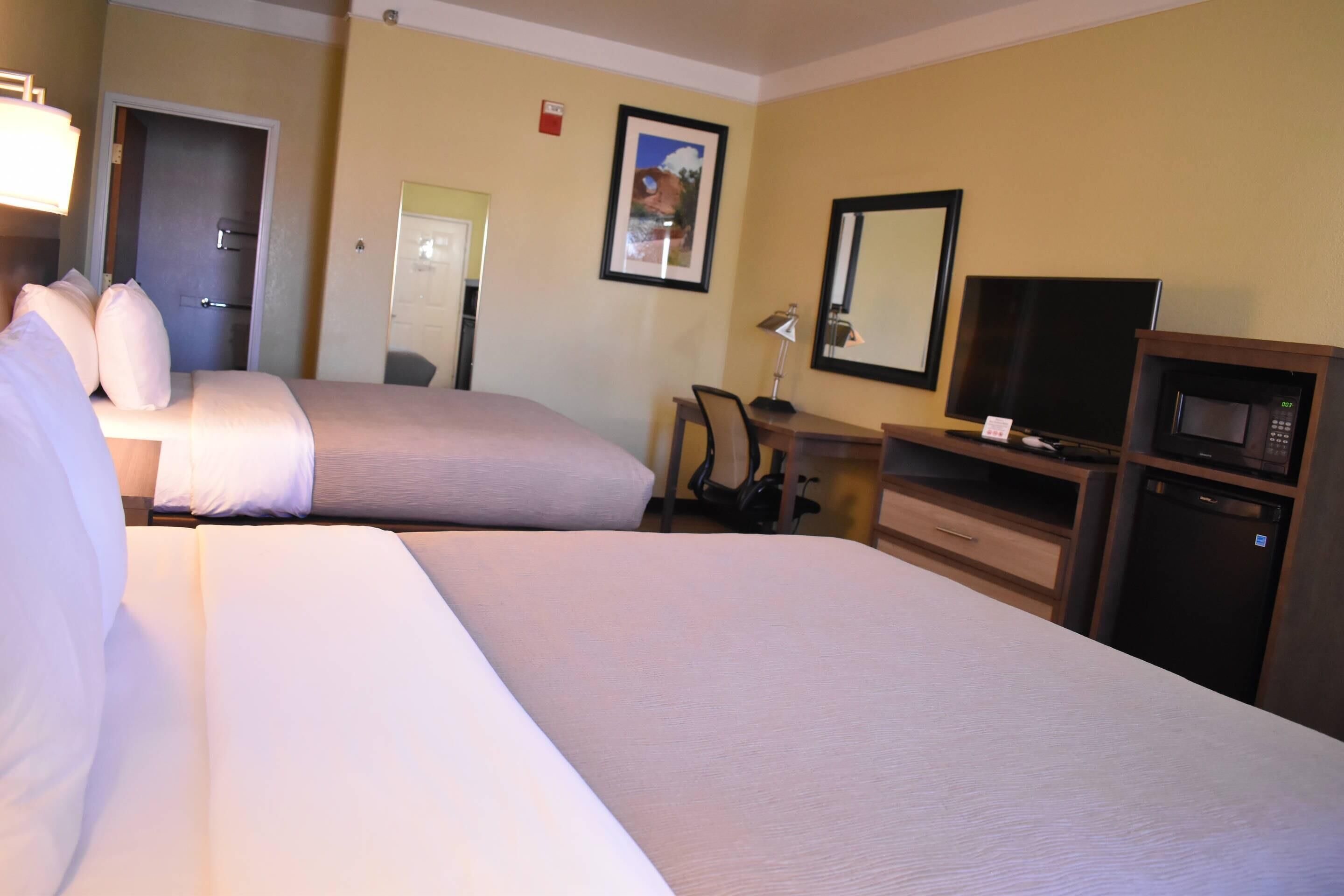 A hotel room with two beds, a desk with a chair, a television, a microwave, and a door.