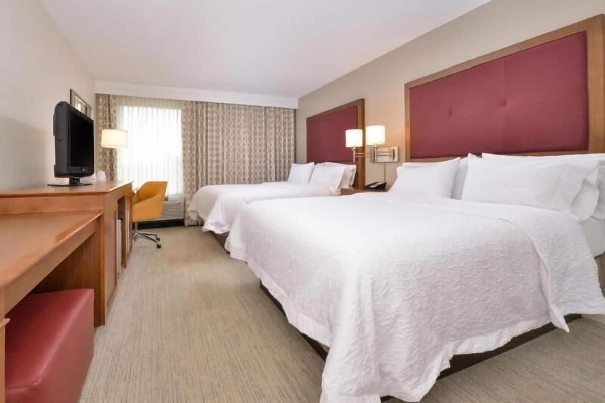 A hotel room with two beds, a desk, a television, and a chair.
