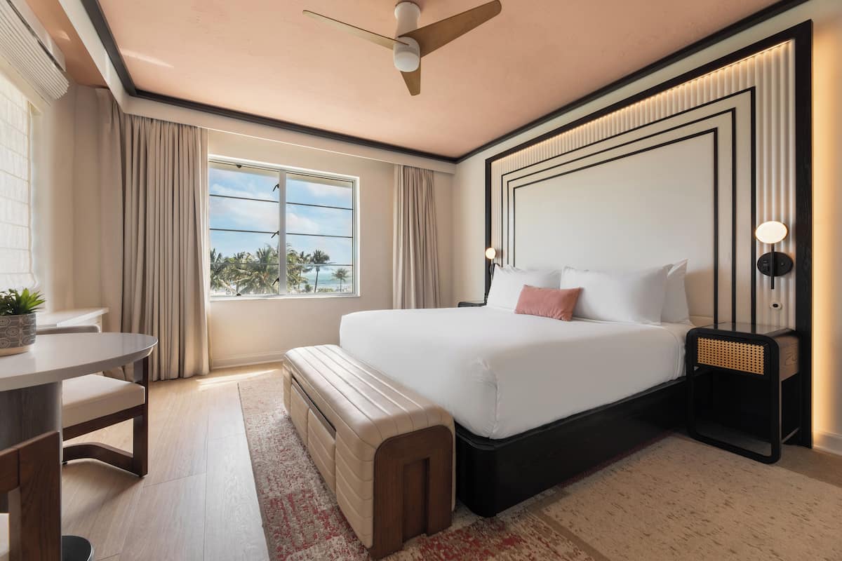 A modern hotel room with a large bed, a desk, and a view of the ocean.