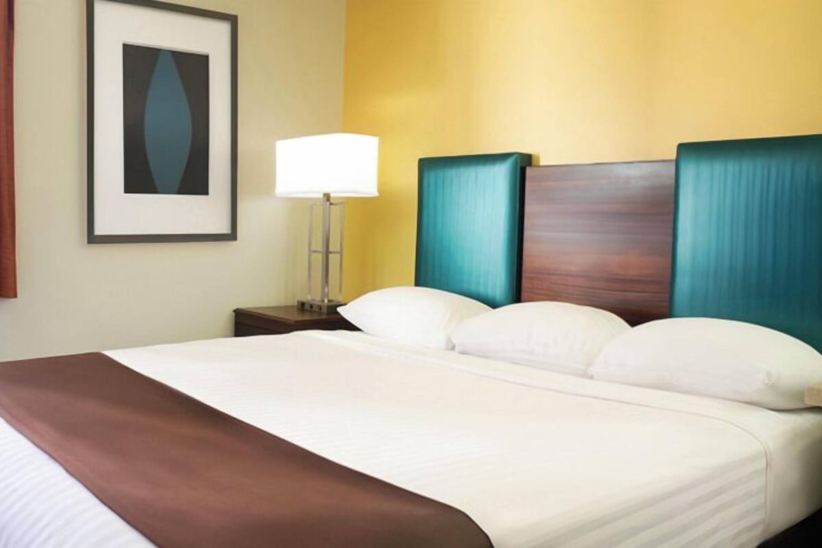 A hotel room with a large bed, a nightstand with a lamp, and a framed picture on the wall.