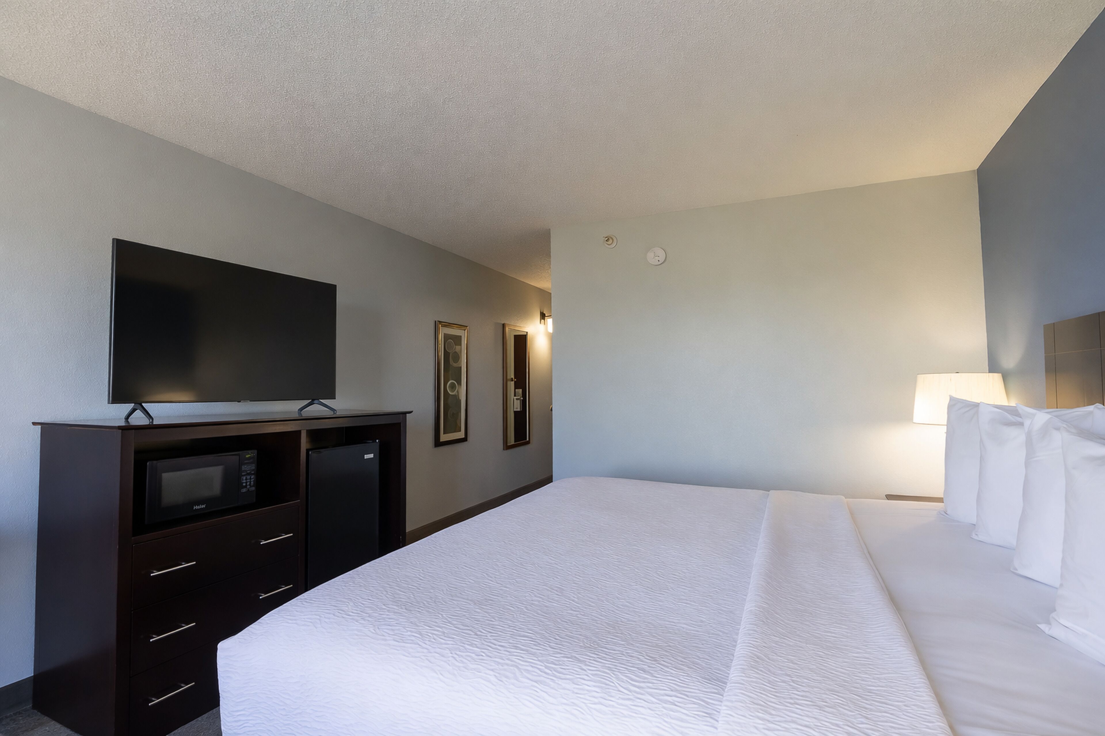 Una habitación de hotel con una cama, un televisor de pantalla plana, un microondas y un aparador.