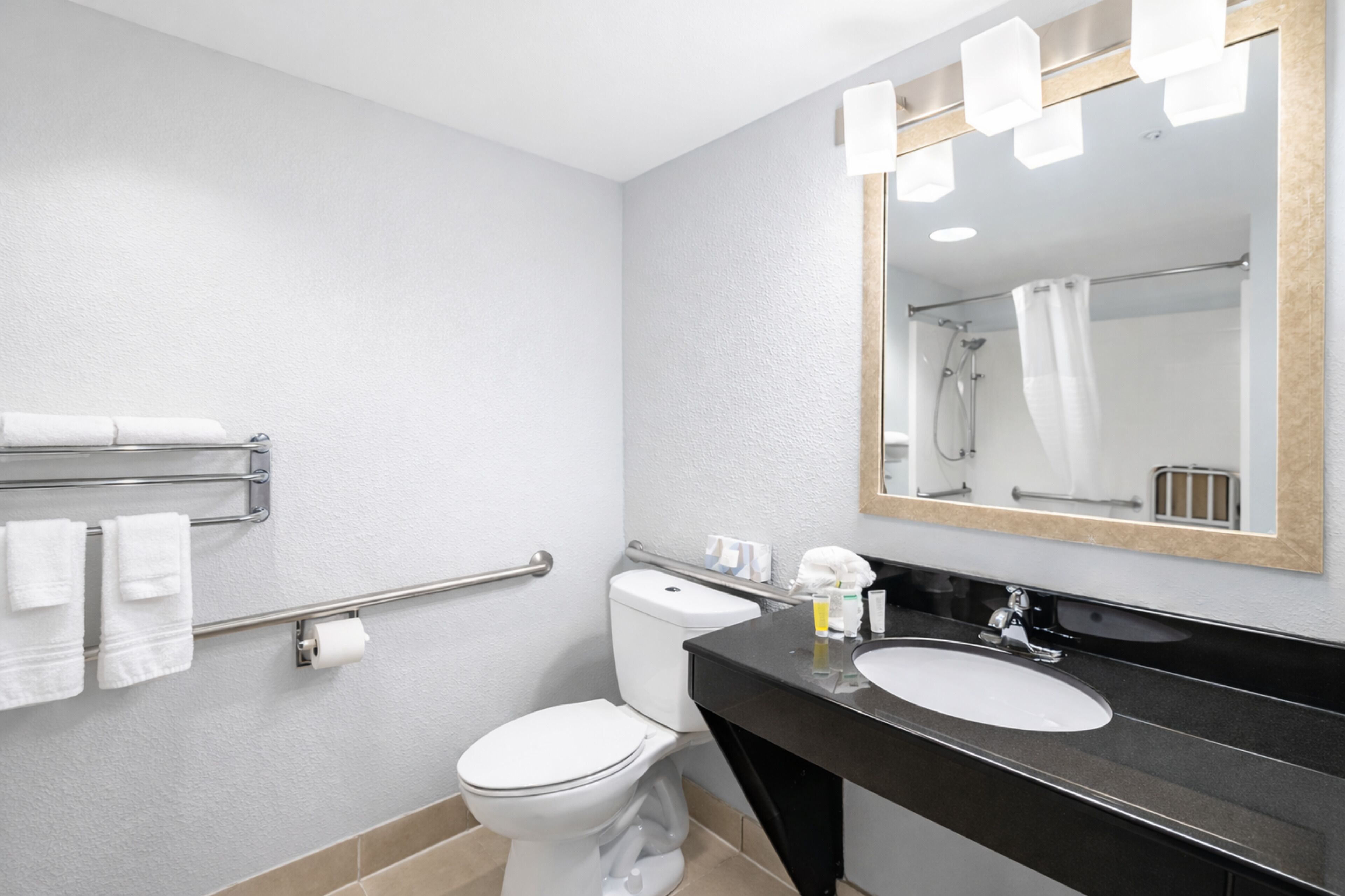 A bathroom with a toilet, a sink, a mirror, and a towel rack.