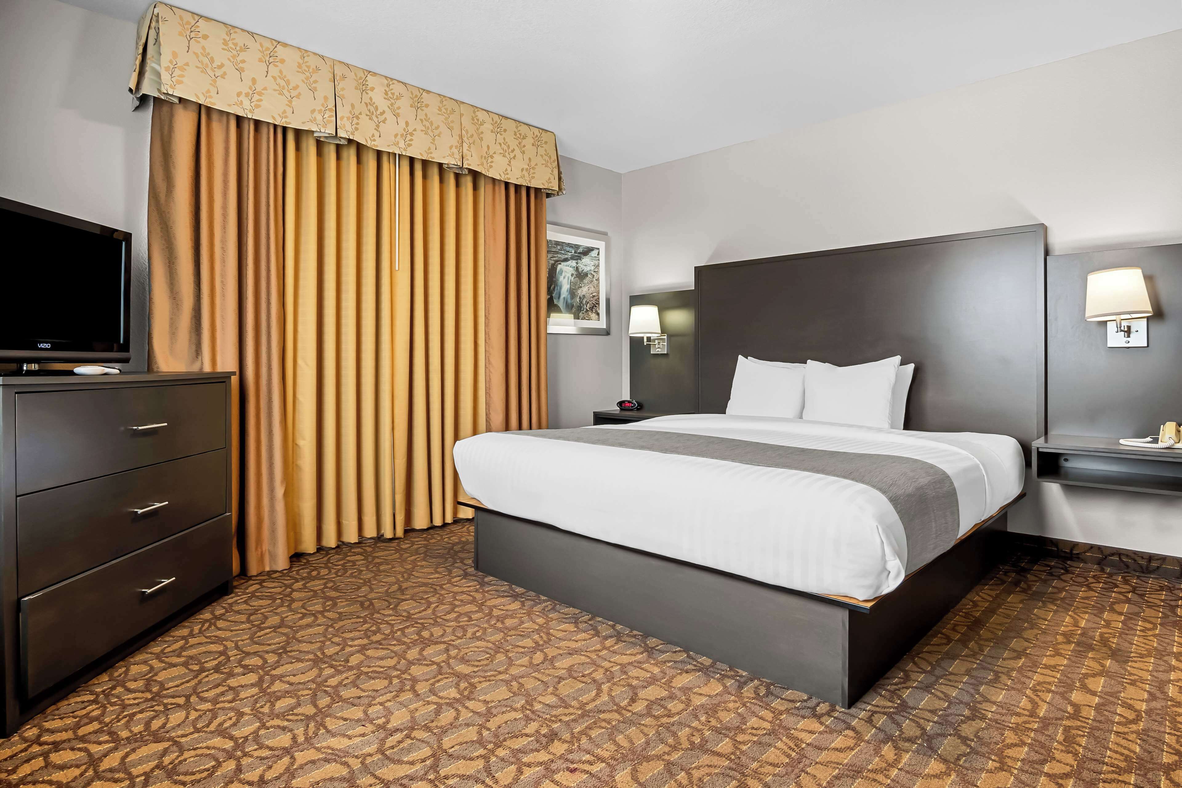Een hotelkamer met een groot bed, een televisie op een dressoir, een nachtkastje met een lamp en een kamerbreed tapijt met dessin.
