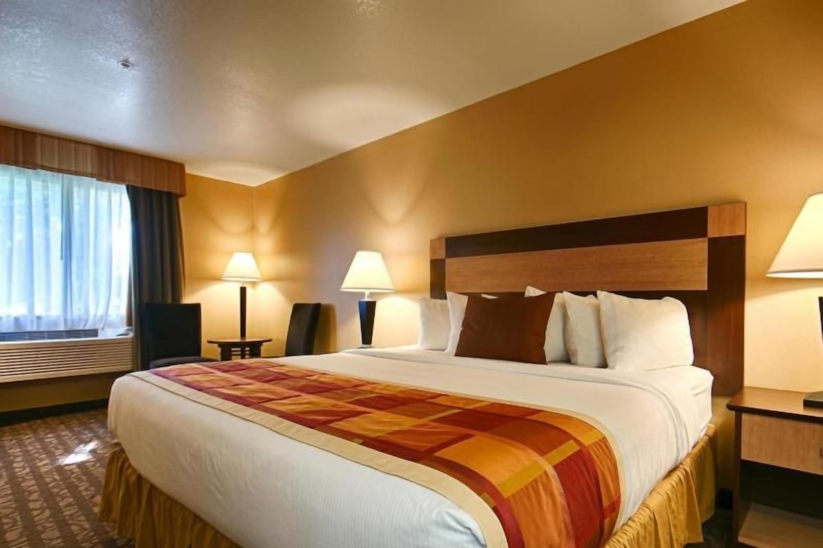 A hotel room with a large bed, two bedside lamps, a nightstand, and a window with curtains.