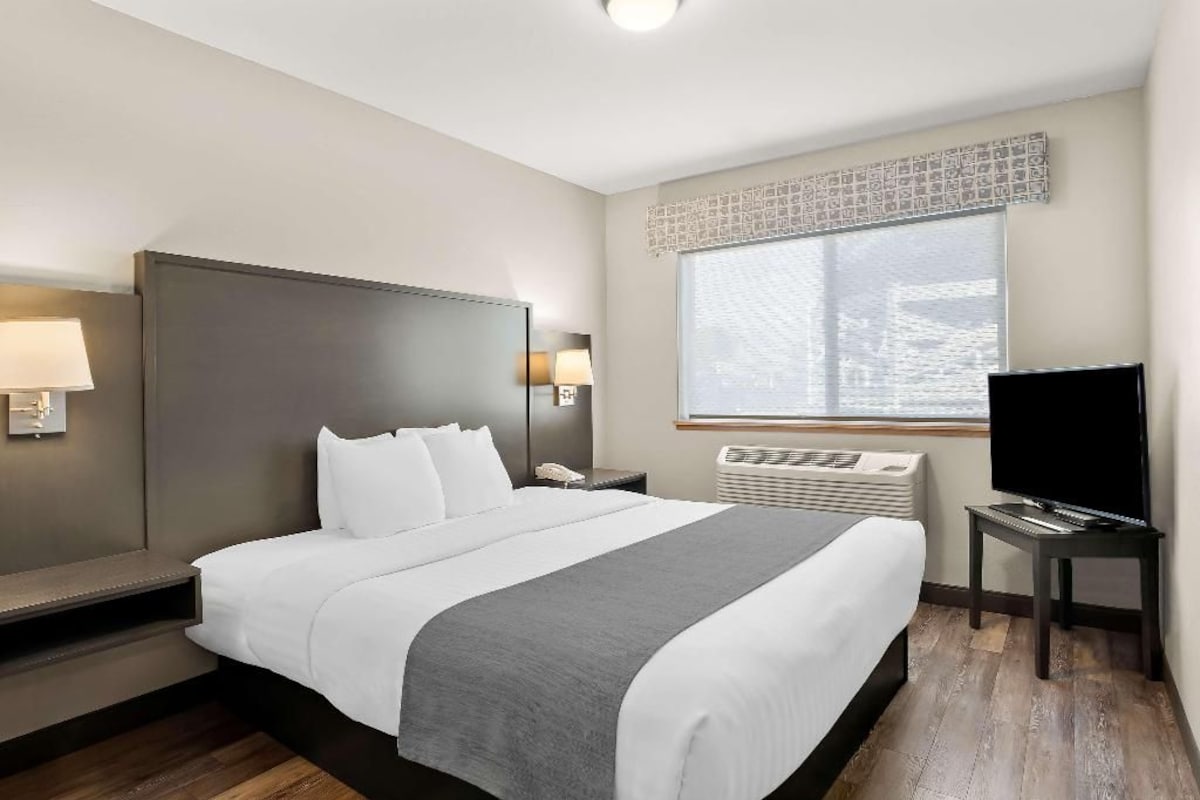 A hotel room with a large bed, bedside tables, a flat-screen TV, a window with a view, and a wall-mounted heater.