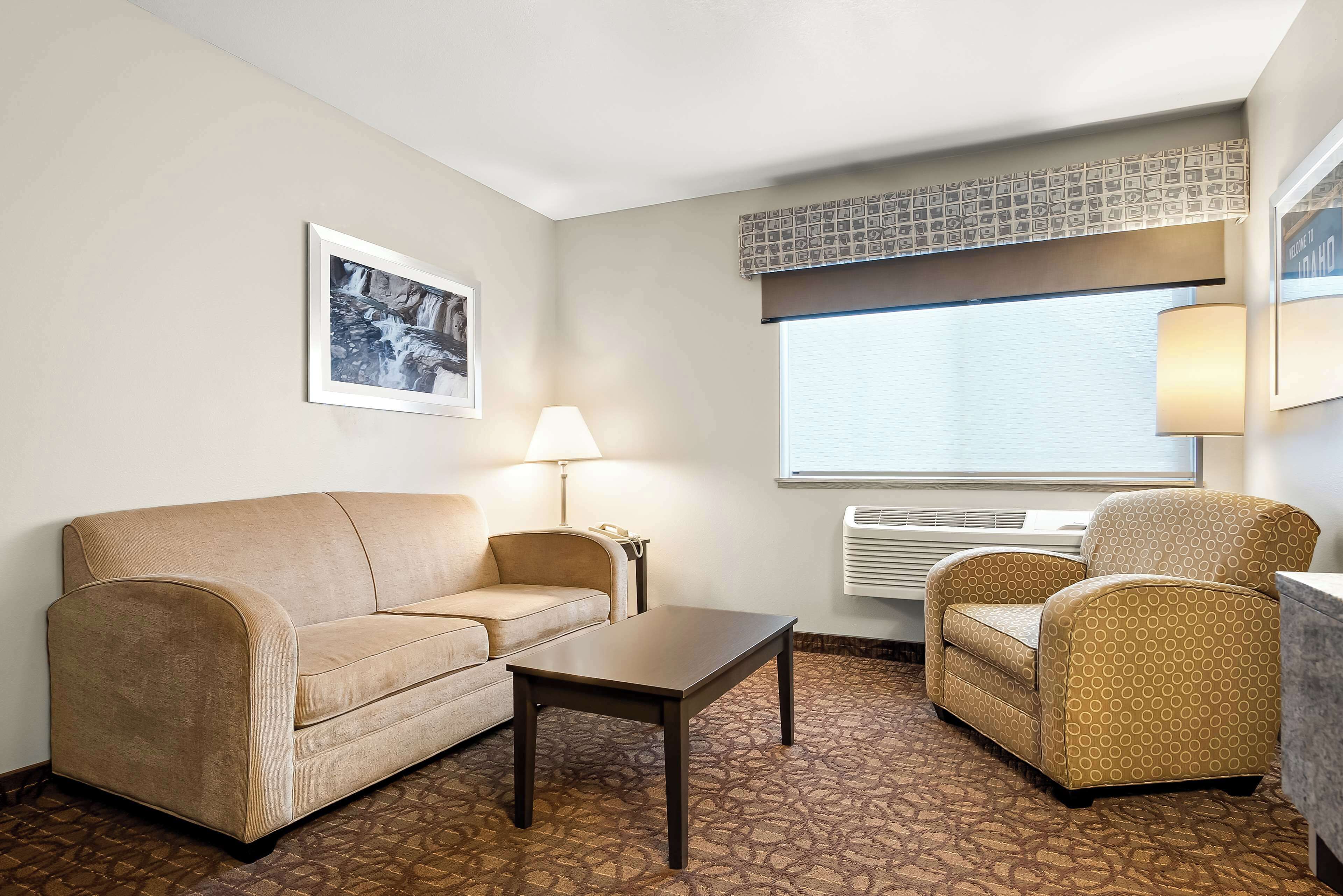 Habitación de hotel con sofá color beige, una mesita, un sillón estampado, una lámpara y una ventana con vistas.