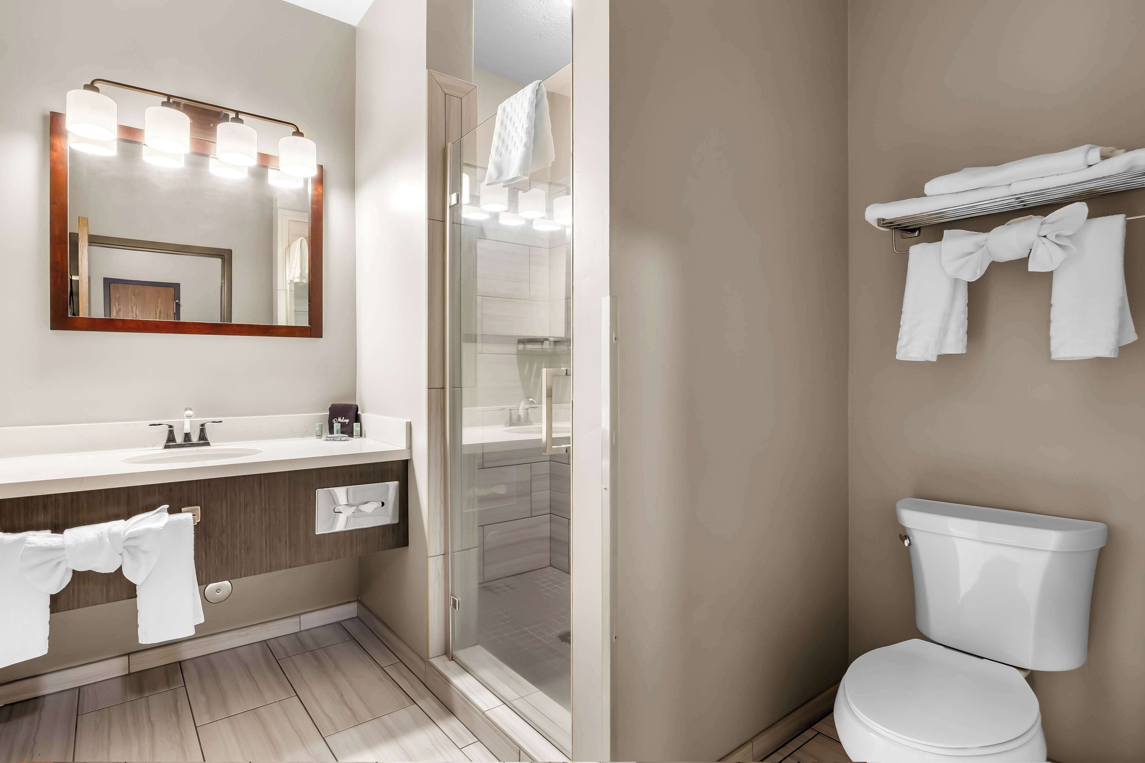 A modern bathroom with a large mirror, vanity, and a shower enclosure.