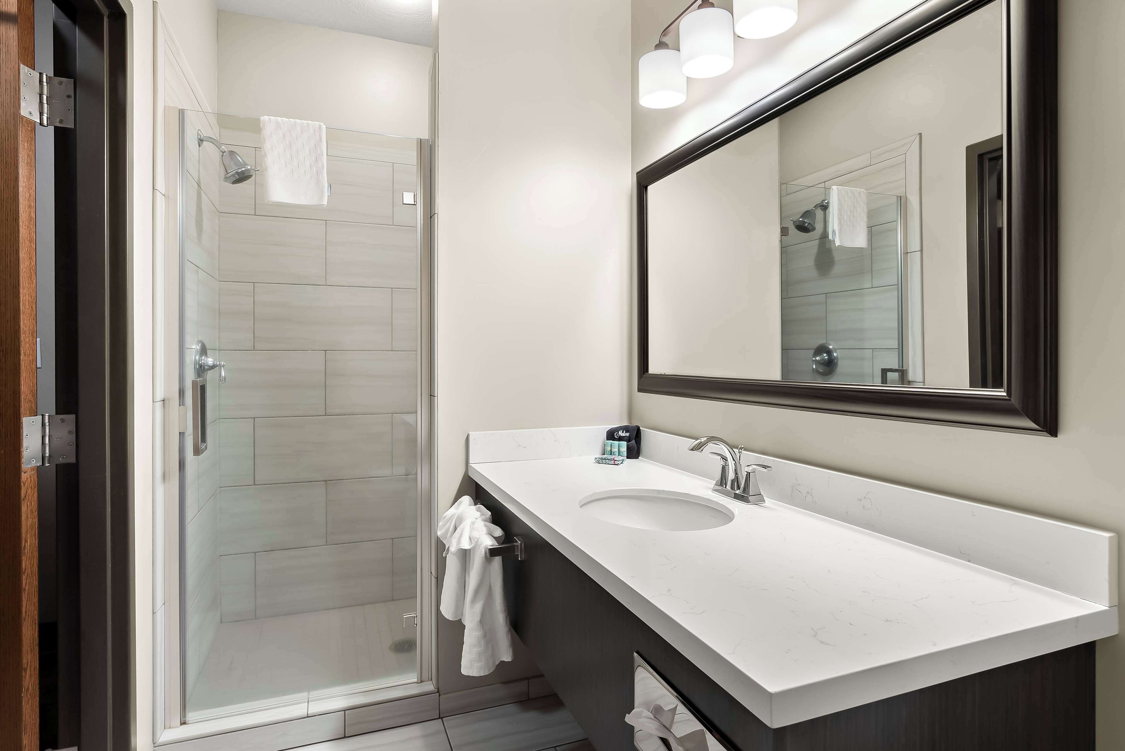 combined shower/bathtub, free toiletries, hair dryer, towels