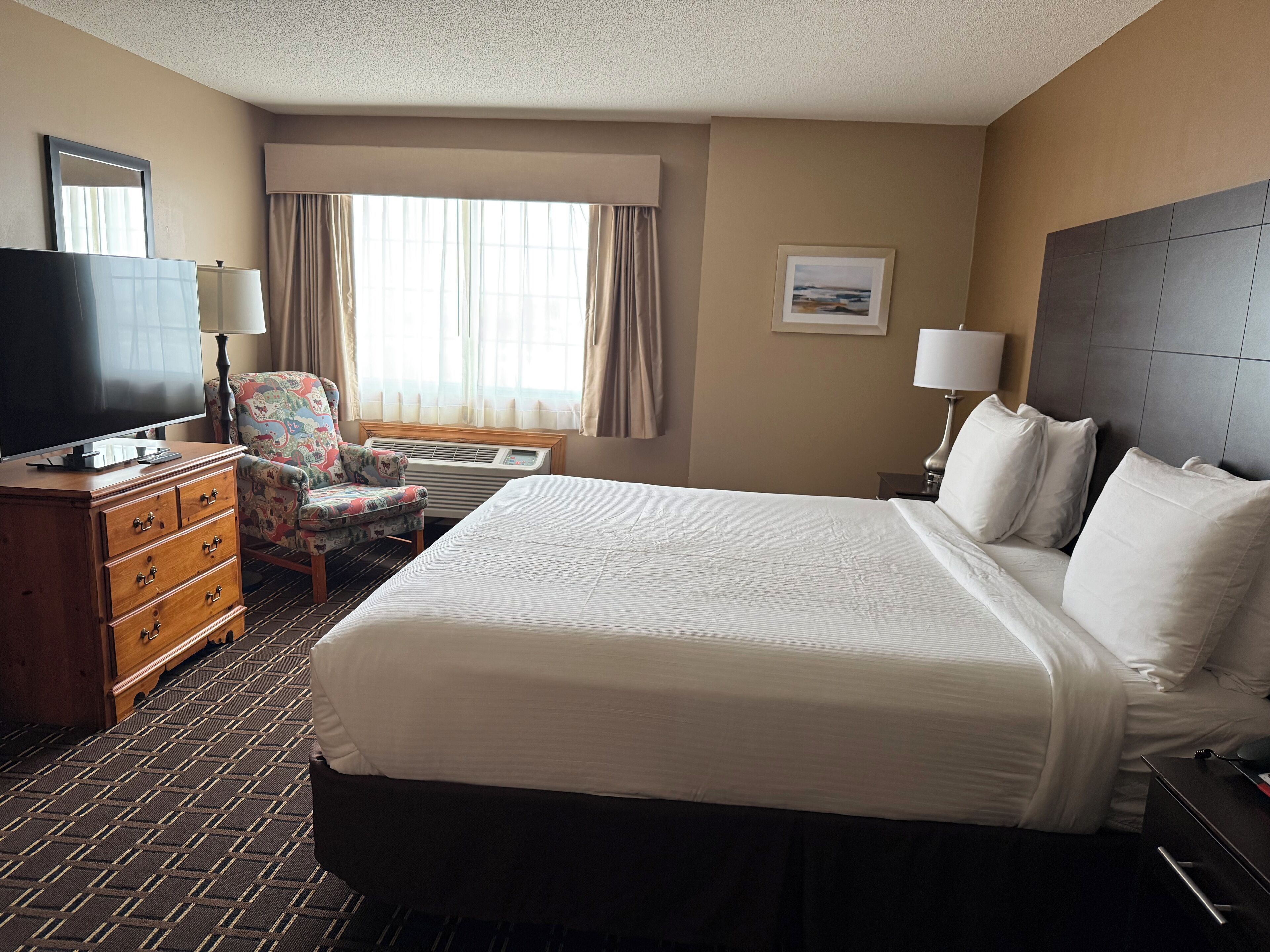 Une chambre d’hôtel avec un grand lit, une télévision, une commode, une chaise et une fenêtre avec des rideaux.