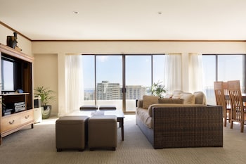 2 Bedroom Ocean View Penthouse | Living room | 42-inch flat-screen TV with cable channels, Smart TV, iPod dock at Lotus Honolulu at Diamond Head