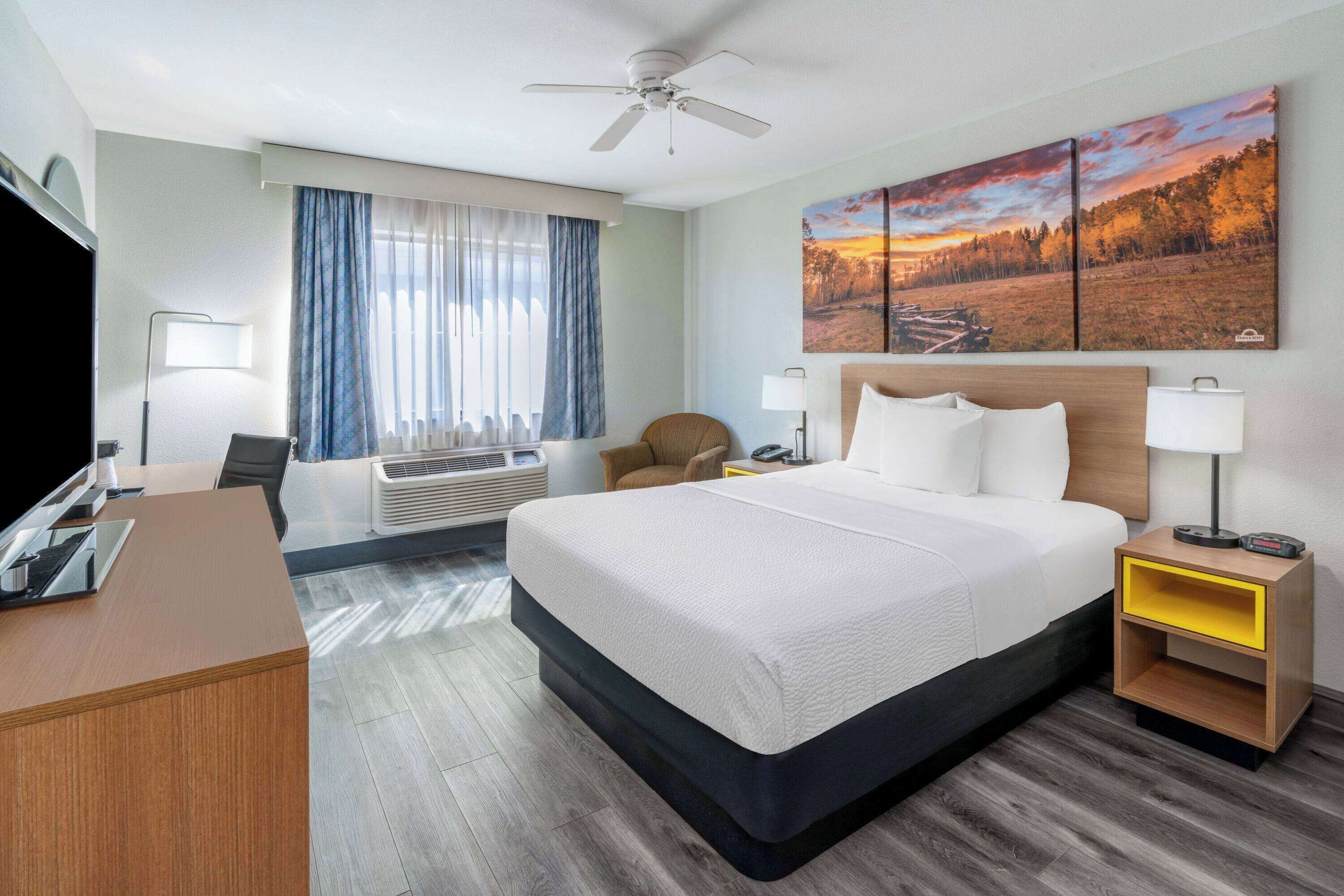 Une chambre d’hôtel équipée d’un lit, d’un bureau, d’une chaise, d’une télévision, d’un ventilateur de plafond et d’une fenêtre avec des rideaux.