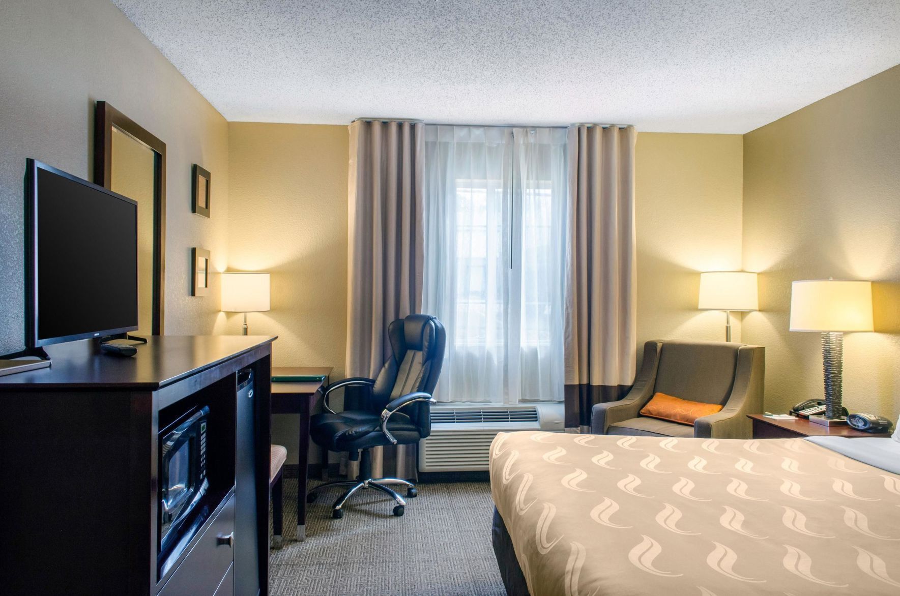 Premium bedding, desk, soundproofing, iron/ironing board