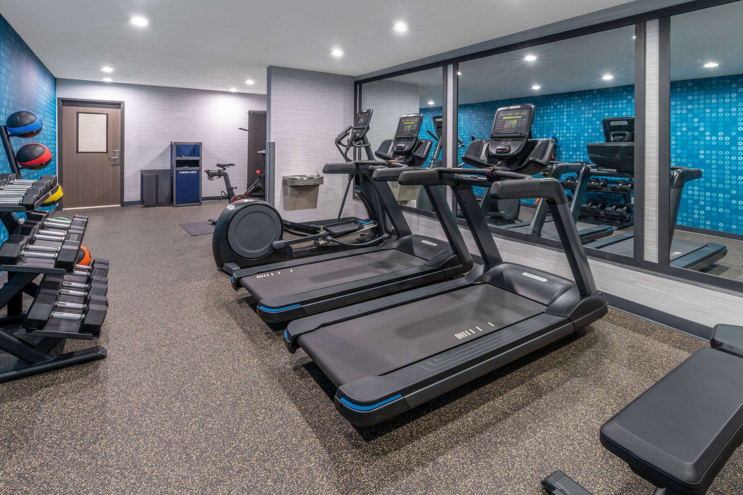 A gym with treadmills, dumbbells, and exercise balls.