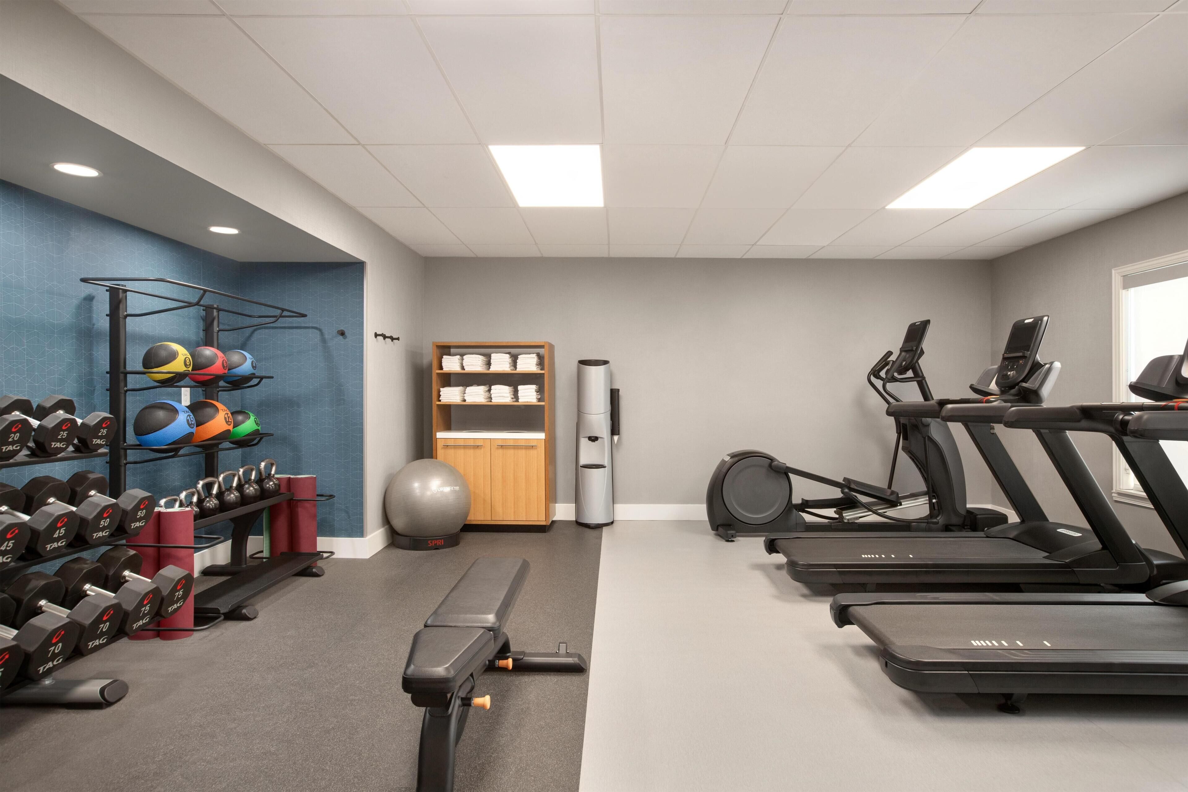 A gym with treadmills, dumbbells, and exercise balls.