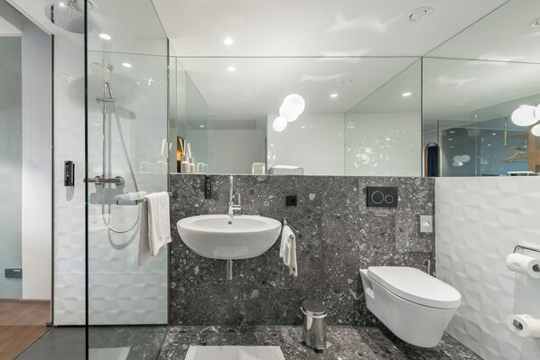 A modern bathroom with a glass shower enclosure, a white sink, and a toilet.