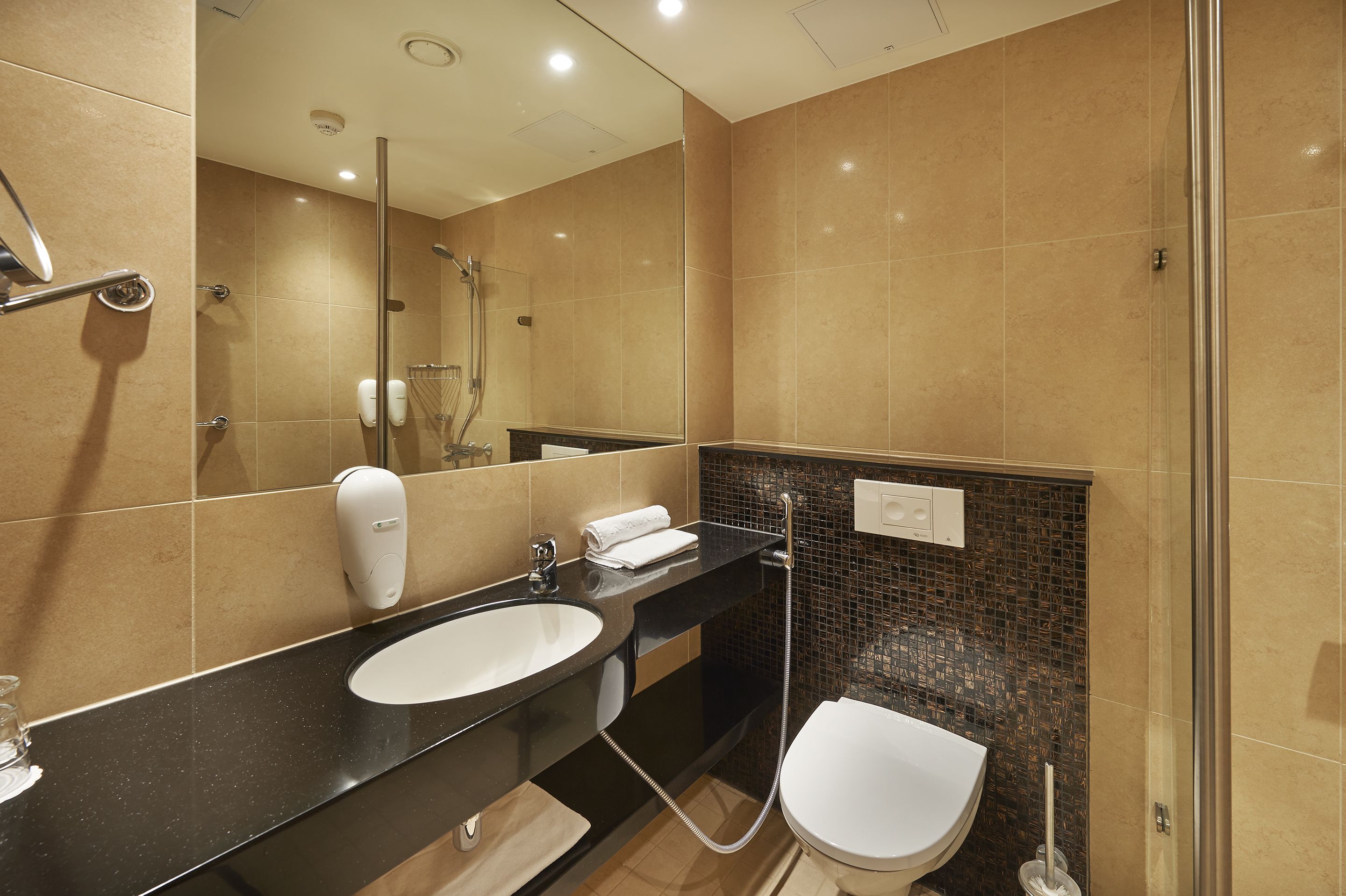 Un baño moderno con un espejo grande, un lavabo negro, un inodoro blanco y una ducha con mampara de vidrio.