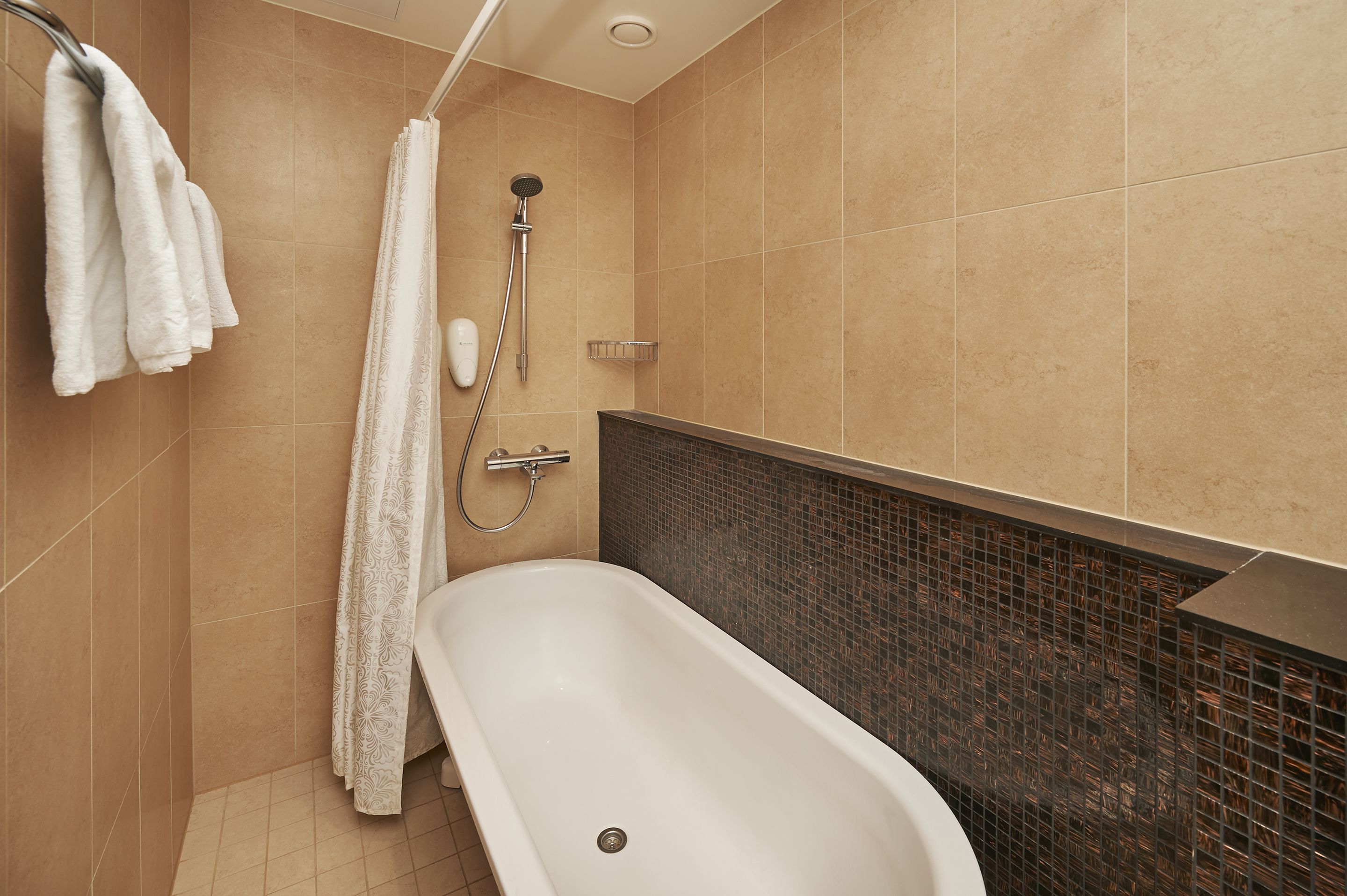 Ein Badezimmer mit Badewanne, Dusche und gefliesten Wänden.