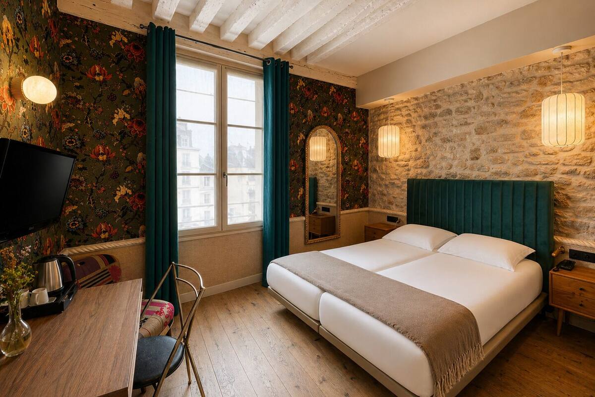 Une chambre d’hôtel avec un lit, un bureau avec une télévision, une chaise, une machine à café et un mur en pierre.